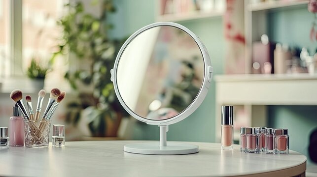 A round desktop makeup mirror with a white frame, standing on a vanity table with makeup items and accessories placed around in soft light. --chaos