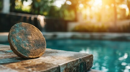 A close-up of an ancient carved stone artifact, carefully placed beside a tranquil blue pool, juxtaposing historical craftsmanship with modern relaxation space.