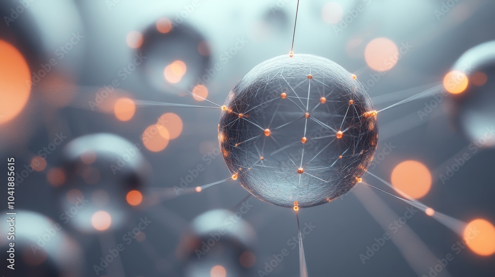 Poster A visually striking arrangement of glowing spheres interconnected by intricate lines, creating a sense of depth and modernity in a digital environment.
