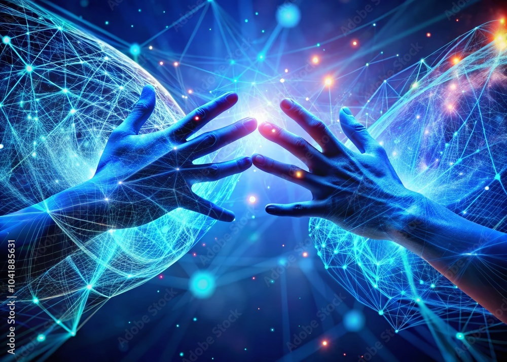 Poster futuristic virtual reality interaction with hands and digital lines for immersive technology concept