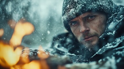 Fototapeta premium Amidst a snowstorm, a man focuses intensely on a crackling fire, surrounded by thick snow and a dark forest, exemplifying endurance and introspection.