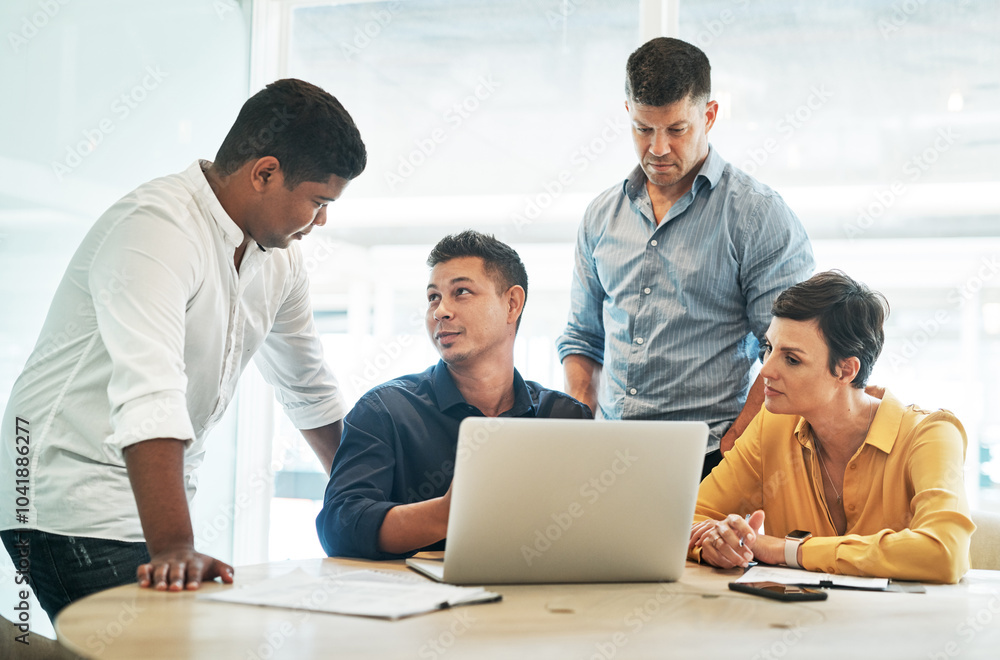 Poster business, people and team with laptop in meeting for website development or user interface design pl