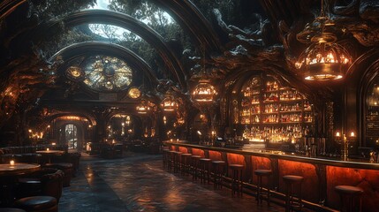 Obraz premium Luxurious Steampunk-Inspired Bar with Glowing Elements