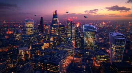 Obraz premium Stunning city skyline at sunset. Buildings glow with lights. Helicopters hover above the urban landscape. A breathtaking view of city life.