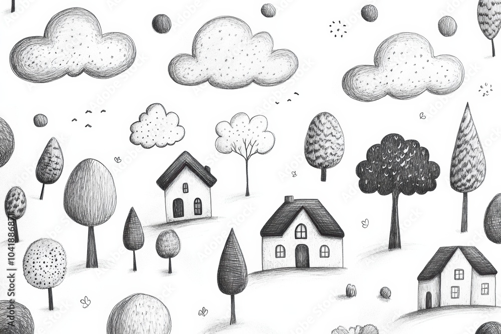 Poster delightful hand-drawn doodles showcase clouds, trees, and houses, creating a charming and peaceful l