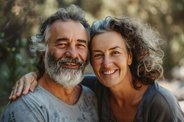 Fototapeta premium A heartwarming portrait of a happy and cheerful mature senior couple posing together outdoors.