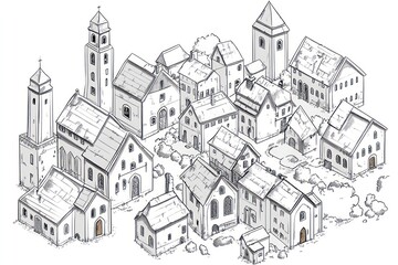 Fototapeta premium line-art, clip-art style , european medieval city separate buildings, black and white illustrations, isometric view, no backgrounde, clean thick lines with few details, coloring page.