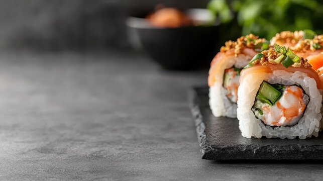 Meticulously crafted sushi rolls with vibrant toppings are presented on a rectangular stone plate, highlighting the craftsmanship and tradition of sushi making.