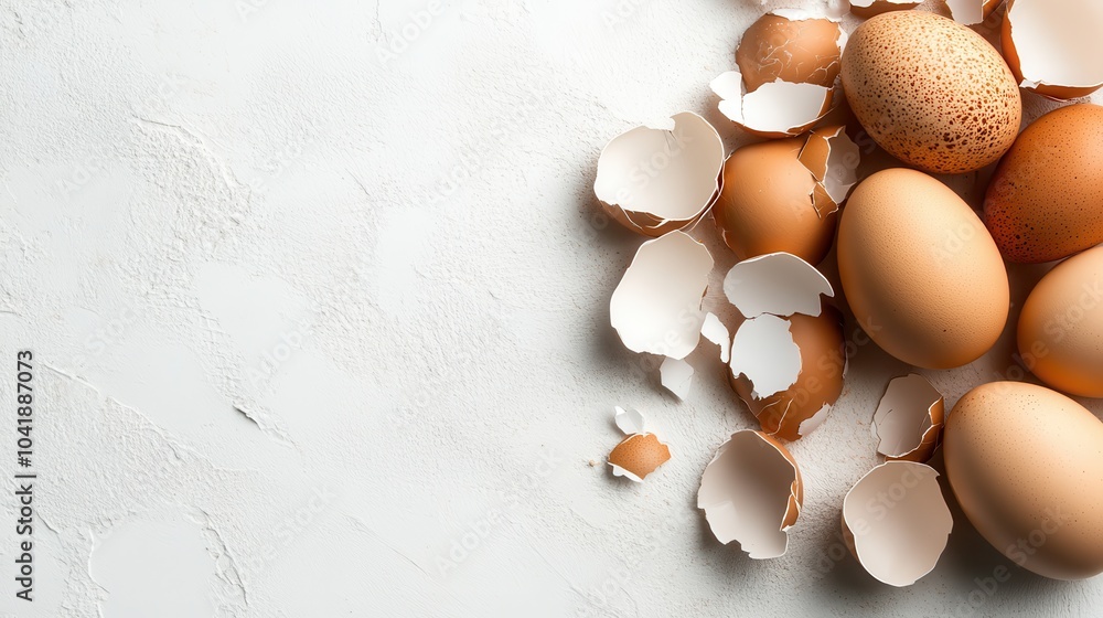 Poster eggs and scattered broken shells lie on a clean white textured background, symbolizing purity and mi