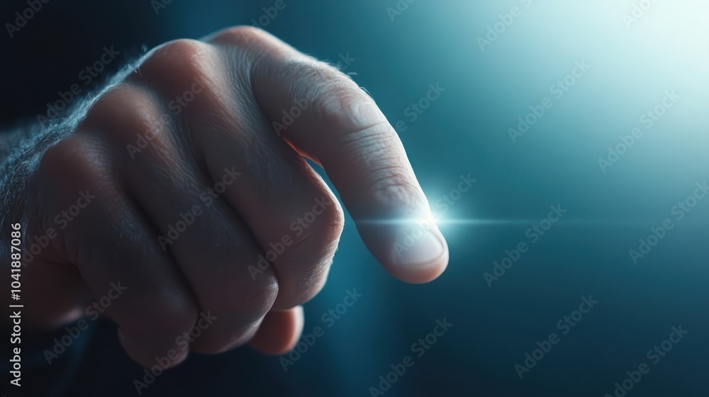 Poster a single finger reaches into the digital realm, touching a glowing point of light, representing the 