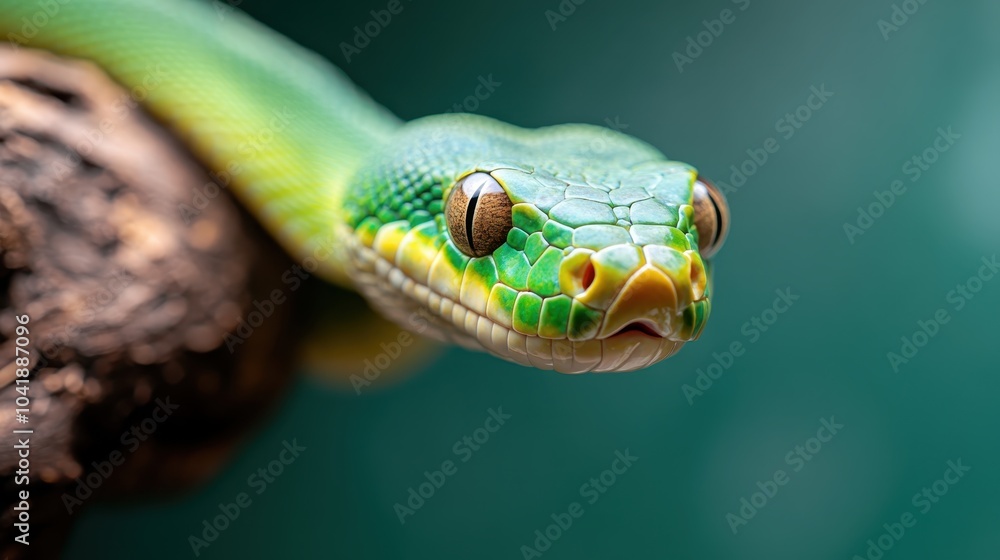 Poster a vivid green tree snake with intricate patterns resting on a branch, closely viewed to see its eyes