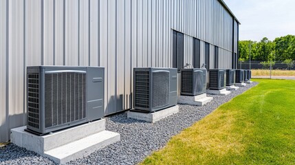 A row of outdoor air conditioning units on concrete slabs, positioned next to a building. The metal casings are surrounded by gravel and grass. --chaos