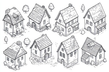 Fototapeta premium line-art, clip-art style , european medieval city separate buildings, black and white illustrations, isometric view, no backgrounde, clean thick lines with few details, coloring page.
