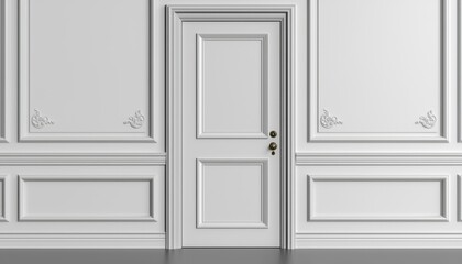 A minimalist white door set against a textured white wall, showcasing elegant molding and a sleek design.