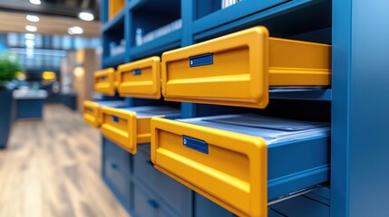 The drawer of a blue filing cabinet is partially open, revealing neatly arranged yellow folders inside, set in a bright office environment.