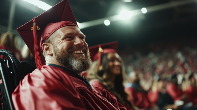 A joyful graduate wearing a red gown and cap smiles broadly during the graduation ceremony, capturing the essence of achievement and new beginnings under bright lights.