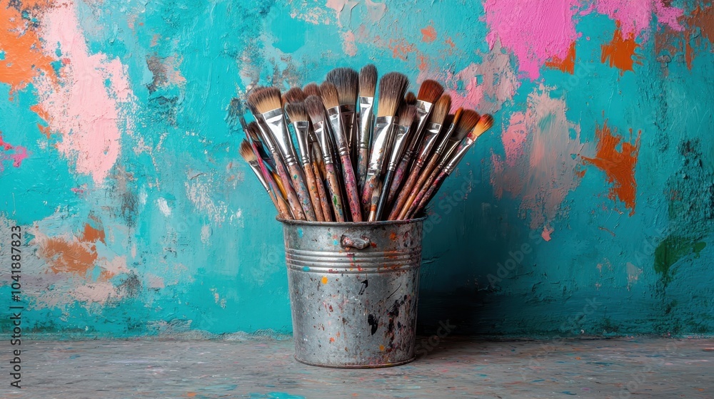 Poster an assortment of well-used paintbrushes displayed in a bucket, set against a colorful painted canvas