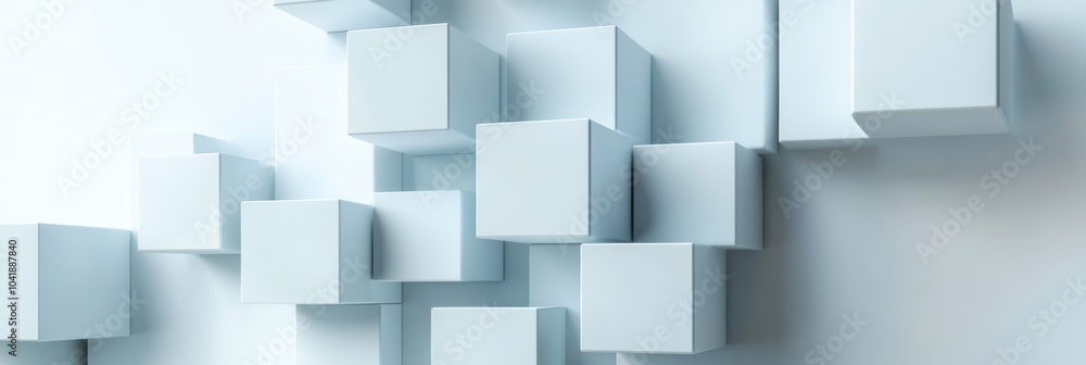 Poster Multiple cubes in various sizes and shades are interlinked by diagonal lines against a light backdrop, emphasizing depth and structure. Generative AI