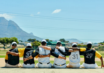 Back, baseball and team on field for support, collaboration and hug for sportsmanship. People, sport and synergy in stadium for diversity, community outreach program and friends ready for tournament