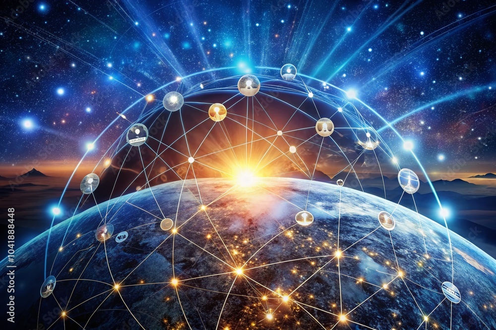 Aufkleber glowing world globe with connections: a panoramic view of global networking and communication