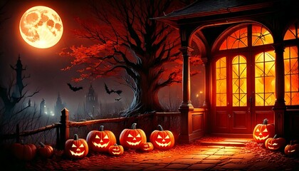 Obraz premium Pumpkin lanterns in front of the house. Halloween background