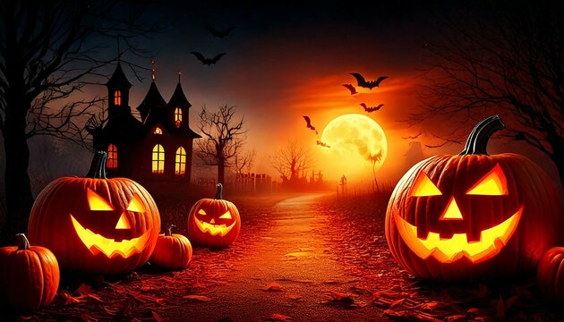 Lampiony z dyni, noc, księżyc i nawiedzony dom. Tło na Halloween