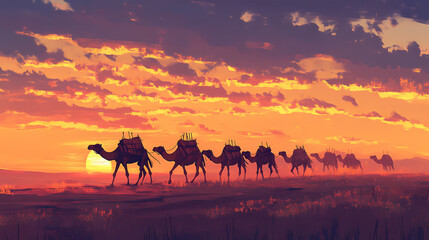 A caravan of camels walking across the desert at sunset. Nomadic Caravan. Illustration