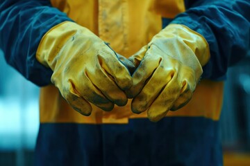 Worker Hands in Protective Yellow Gloves