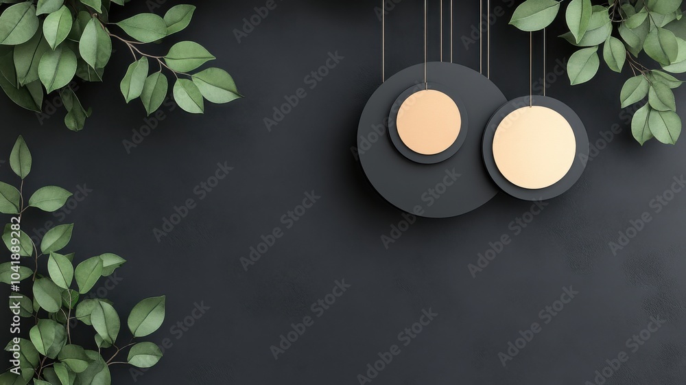 Poster a minimalistic arrangement featuring two circular objects on a dark background, surrounded by green 