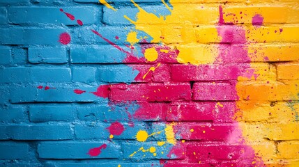 Colorful Splashes of Paint on a Brick Wall Background – Holi Festival Concept with Vibrant Colors and Vintage Style