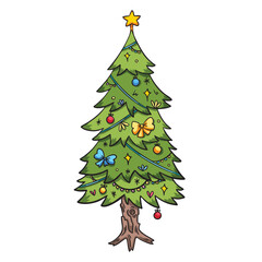 Decorated christmas tree with star and hanging light balls colorful illustration isolated on square background. Simple flat outlined cartoon art styled drawing.