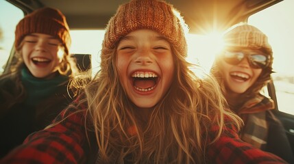 Fototapeta premium Three friends share a lighthearted, sunny moment of laughter together, highlighting the joy of friendship and adventure during a vibrant and carefree road trip.