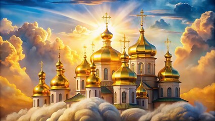 Obraz premium Golden Domes and Orthodox Crosses Against Watercolor Clouds - Serene Religious Architecture