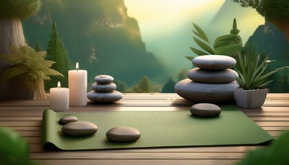 Yoga mat with plants, candles and healing stones, a tranquil natural healing space.