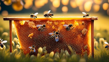 A close up view of a honeycomb with honey bees on and around the hive; a focused view of bees on a honeycomb at a bee farm; selective focus; blurred background; dramatic lighting and macro view