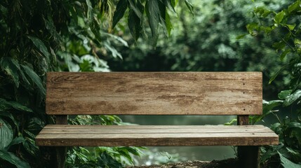 Fototapeta premium A wooden bench is nestled among lush green foliage in a serene park setting, inviting moments of reflection and tranquility amid nature's beauty and tranquility.