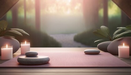 Yoga mat with plants, candles and healing stones, a tranquil natural healing space.