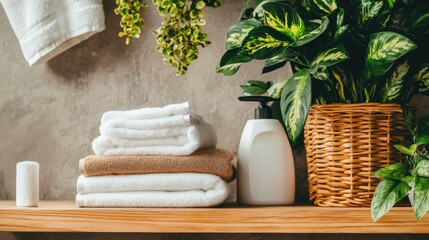 A set of neatly folded clothes on a wooden surface, with clean towels and fresh laundry items arranged nearby for a tidy and fresh look. --chaos