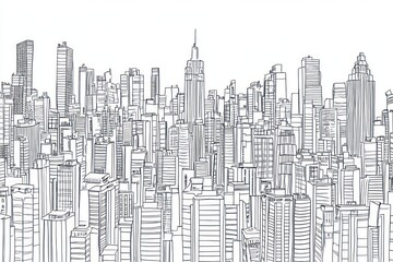 minimalist city scape background for kids coloring book, large coloring spaces, crisp black lines, white background