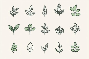 minimalist cute icon sheet of plant icons, pale green color palette, white background, black outlines, no shadows, simple shapes, no details on the edges