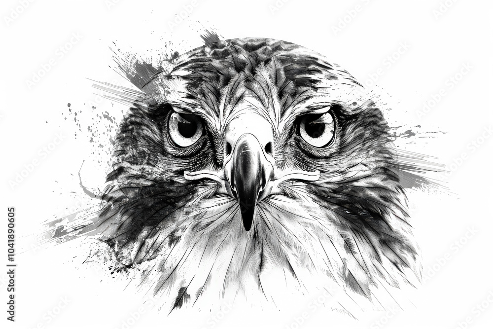 Poster close up of an eagle's face with its eyes open and looking at the camera. the image has a moody and 