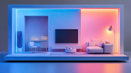 A small room bathed in neon blue and pink lights, creating a vibrant and moody atmosphere. Minimalistic furnishings add a touch of elegance. --chaos
