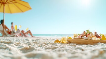 Serene Beach Picnic with Fresh Seafood Delivery, Friends Enjoying Meal Under Umbrella on Sand