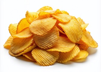 Golden Yellow Potato Chips Isolated on White Background for Food Photography and Snack Promotion