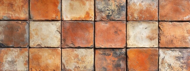 Rustic terracotta tile texture with weathered edges and earthy tones 