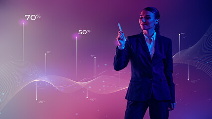 Young woman, speaker delivering information during high-tech presentation showcasing financial and technical data unfolds. Concept of presentation, training, meeting, leadership, analysis. Ad