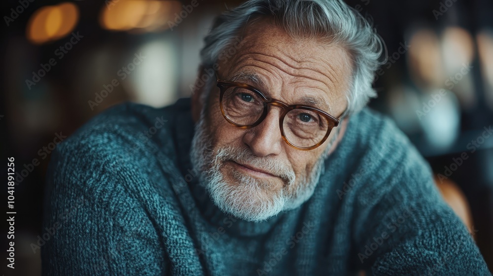 Poster a thoughtful elderly man in glasses gazes with a pensive look, capturing a moment of reflection and 