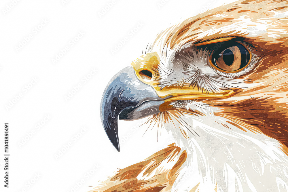 Poster close up of a bird's head with a white background. the bird has a sharp beak and a piercing gaze