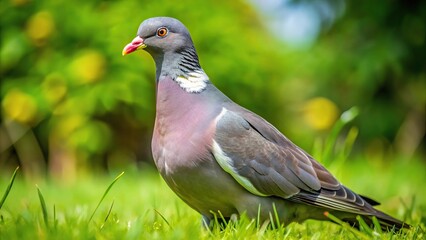 Fototapeta premium Woodpigeon Columba palumbus on short grass in garden lawn during summer Yorkshire UK High Angle
