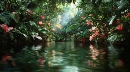 Naklejka premium A picturesque jungle path encircled by lush vegetation and reflective water. Exotic pink flowers accentuate the vibrant greens, inviting exploration into nature's wonders.
